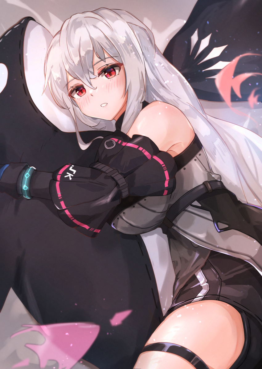 1girl absurdres arknights bare_shoulders black_gloves black_headwear blush bracelet breasts detached_sleeves elbow_gloves fish gloves hat headwear_removed highres jewelry large_breasts long_hair looking_at_viewer lying muteppona_hito neon_trim object_hug on_side parted_lips red_eyes short_sleeves sidelocks silver_hair skadi_(arknights) solo stuffed_orca thigh_strap very_long_hair