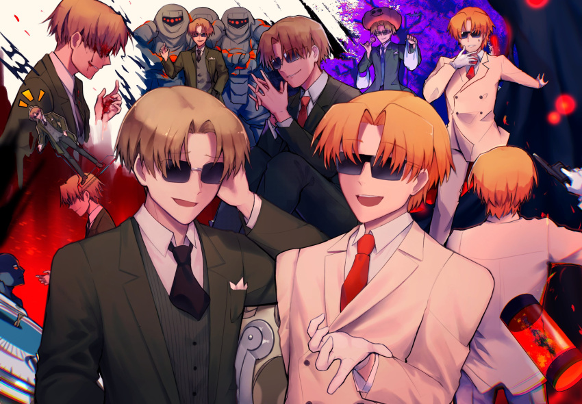 bangs black_necktie blonde_hair c8hiino2 closed_mouth fate/grand_order fate_(series) formal gloves highres long_sleeves male_focus maxwell's_demon_(fate) necktie red_necktie shirt short_hair smile suit sunglasses upper_body waistcoat