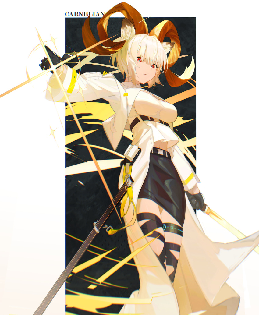 1girl absurdres alternate_skin_color animal_ears arknights bandaged_leg bandages belt black_gloves black_skirt blonde_hair breasts carnelian_(arknights) character_name closed_mouth commentary darah dark-skinned_female dark_skin english_commentary feet_out_of_frame gloves goat_ears goat_girl goat_horns highres holding holding_sword holding_weapon horns jacket large_breasts lens_flare long_sleeves looking_at_viewer medium_breasts midriff_peek open_clothes open_jacket pencil_skirt red_eyes sheath shirt short_hair skindentation skirt solo standing sword thighlet underbust upshirt v-shaped_eyebrows weapon white_jacket white_shirt