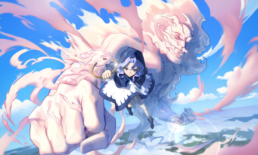 1boy 1girl absurdres antenna_hair bangs bare_legs beard bent_over blouse blue_eyes blue_hair blue_sky blush capelet clenched_hands clouds commentary dress facial_hair floating full_body highres holding hood hood_up hooded_capelet hoop incoming_attack incoming_punch jewelry kesa kumoi_ichirin long_sleeves looking_at_viewer medium_hair parted_bangs parted_lips pink_cloud punching ring skirt sky smile touhou unzan user_tzvf2835