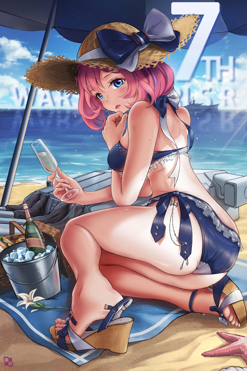 1girl absurdres ass back bangs bare_shoulders beach beach_towel beach_umbrella bikini blue_bikini blue_eyes blue_swimsuit blush breasts cup drinking_glass eyebrows_visible_through_hair full_body hat highres holding holding_cup jean_bart_(warship_girls_r) lolipantherwww looking_back medium_breasts ocean ocean_bottom open_mouth pink_hair sand sandals short_hair sideboob sitting solo starfish straw_hat sun_hat swimsuit thighs towel umbrella warship_girls_r wine_glass