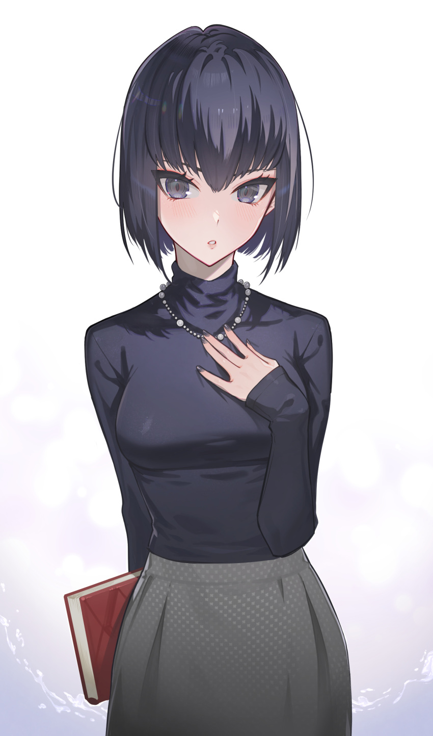 1girl absurdres black_eyes black_hair black_sweater blush book breasts cowboy_shot eyebrows_behind_hair gradient gradient_background grey_skirt hand_on_own_chest highres holding holding_book jewelry kuonji_alice long_sleeves looking_at_viewer mahou_tsukai_no_yoru medium_breasts necklace parted_lips shazhiqiao short_hair skirt solo sweater white_background