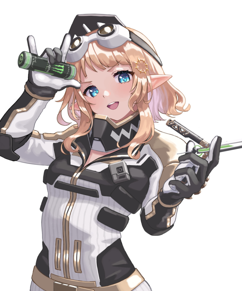 1girl apex_legends bangs blue_eyes breasts commission cosplay eyebrows_visible_through_hair goggles goggles_on_head gold_rush_octane hair_behind_ear head_tilt highres holding holding_knife jacket knife kukri looking_at_viewer monster_energy octane_(apex_legends) octane_(apex_legends)_(cosplay) pointy_ears shiotenshi_channel shiotenshi_riel skeb_commission small_breasts solo t-naka-s-12 v-shaped_eyebrows virtual_youtuber white_background white_jacket