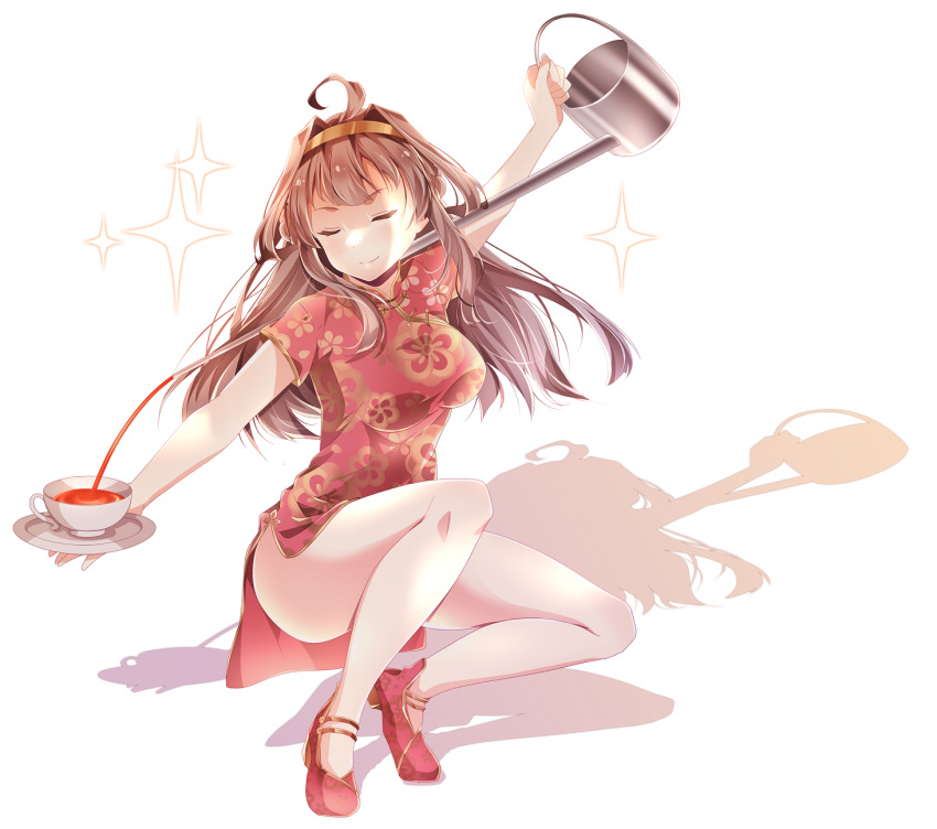 1girl ahoge bare_legs brown_hair china_dress chinese_clothes closed_eyes cup double_bun dress floral_print full_body hairband highres kantai_collection kongou_(kancolle) kukimaru long_hair plate pouring red_dress red_footwear shadow smile smug sparkle squatting tea teacup tiptoes white_background
