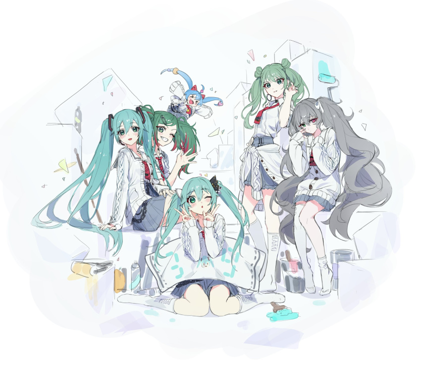 &gt;_&lt; 39 6+girls aqua_eyes aqua_hair arm_support asymmetrical_legwear banner blue_hair boots bow bucket character_print chibi closed_mouth clothes_around_waist commentary confetti dip-dyed_hair dot_mouth double_v fang furrowed_brow green_eyes green_hair grey_hair grey_skirt grin hair_bow hair_ornament hair_ribbon hand_on_hip hand_on_lap hands_up hatsune_miku heterochromia highres jacket jacket_around_waist knee_boots long_hair looking_at_viewer mincho miniskirt multicolored_hair multiple_girls multiple_persona necktie one_eye_closed open_mouth outstretched_arms paintbrush paperclip paperclip_hair_ornament pleated_skirt project_sekai red_bow red_eyes red_necktie redhead ribbon sailor_collar sitting sketch skirt smile standing star_ornament symbol-only_commentary thigh-highs twintails two-tone_hair v very_long_hair vocaloid wariza waving white_background white_jacket white_legwear