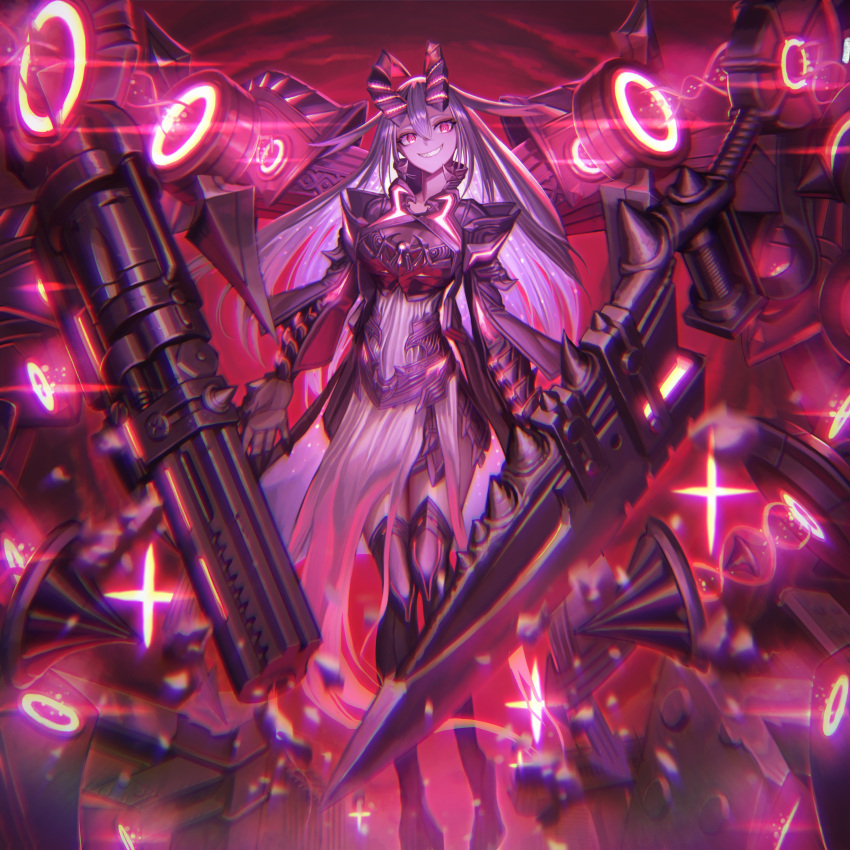 1girl absurdres armor arms_at_sides boots commentary_request gesoking grey_hair grin gun hair_between_eyes head_tilt highres horns huge_weapon long_hair looking_at_viewer original pink_eyes sharp_teeth smile solo sword teeth thigh-highs thigh_boots weapon