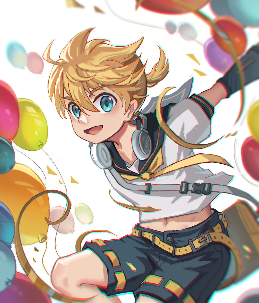 1boy absurdres blonde_hair blue_eyes chromatic_aberration commentary detached_sleeves english_commentary hair_ornament hairclip highres kagamine_len looking_at_viewer male_focus midriff_peek navel necktie open_mouth sailor_collar short_hair shorts smile vocaloid whinghope