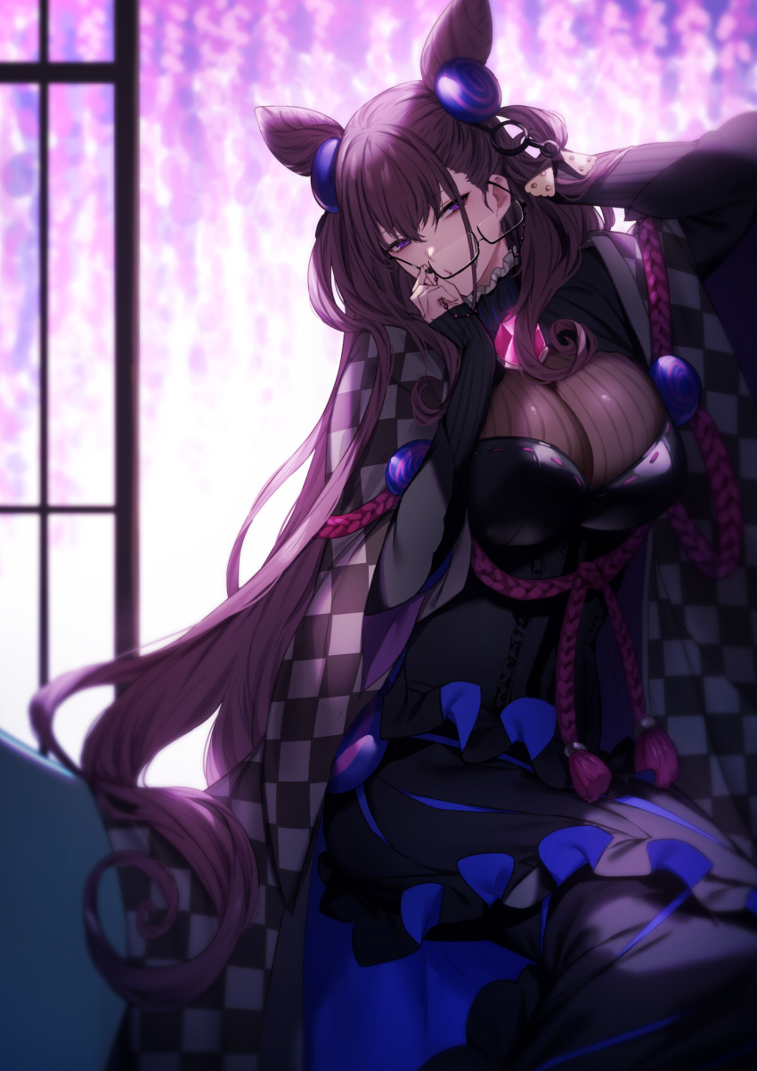 1girl amethyst_(gemstone) arm_up backlighting bangs black_dress black_kimono breasts brown_hair checkered_clothes checkered_kimono commentary_request double_bun dress eyebrows_visible_through_hair fate/grand_order fate_(series) genyaky glasses hair_between_eyes hair_cones hair_ornament hand_up highres holding holding_eyewear japanese_clothes juliet_sleeves kimono large_breasts long_hair long_sleeves looking_at_viewer murasaki_shikibu_(fate) puff_and_slash_sleeves puffy_sleeves rope signature sitting sleeves_past_wrists solo tassel two_side_up very_long_hair violet_eyes