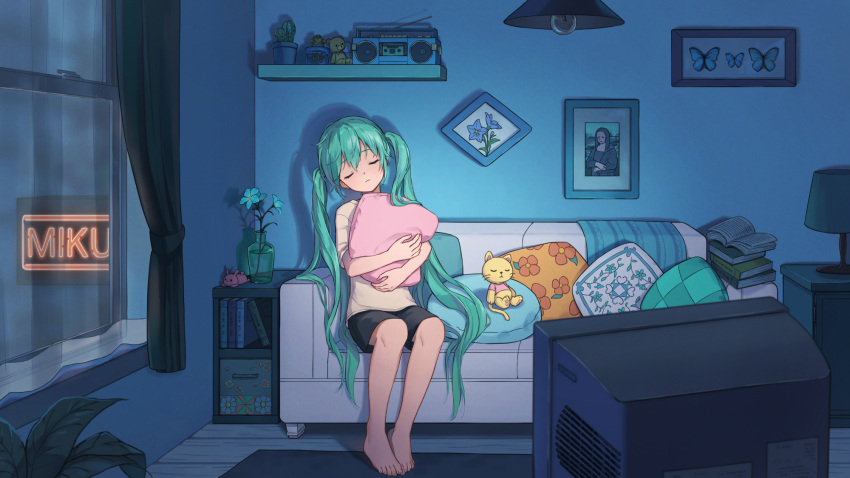 1girl aqua_hair ashika_(yftcc948) black_shorts blue_butterfly book bookshelf bug butterfly cactus cat character_name commentary couch crt cushion flower framed_insect hatsune_miku highres indoors long_hair mona_lisa neon_lights night object_hug open_book painting_(object) plant potted_plant radio room shelf shirt shorts sleeping sleeping_upright solo stuffed_animal stuffed_toy teddy_bear television twintails very_long_hair vocaloid white_shirt window wooden_floor