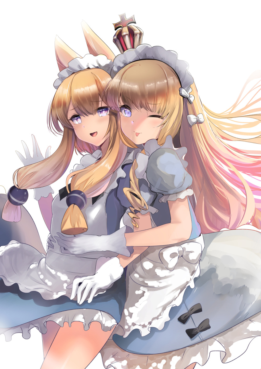2girls ;p apron azur_lane bangs blonde_hair blue_eyes crown cup drill_hair eyebrows_behind_hair fang frilled_apron frilled_skirt frills gloves gold_trim hairband headdress highres long_hair looking_at_viewer maid maid_headdress mini_crown multiple_girls official_alternate_costume one_eye_closed open_mouth puffy_short_sleeves puffy_sleeves queen_elizabeth_(azur_lane) queen_elizabeth_(yes_your_maidness!)_(azur_lane) schreibe_shura short_sleeves sitting skin_fang skirt teacup thigh-highs tongue tongue_out tree warspite_(azur_lane) white_apron white_gloves white_legwear wrist_cuffs