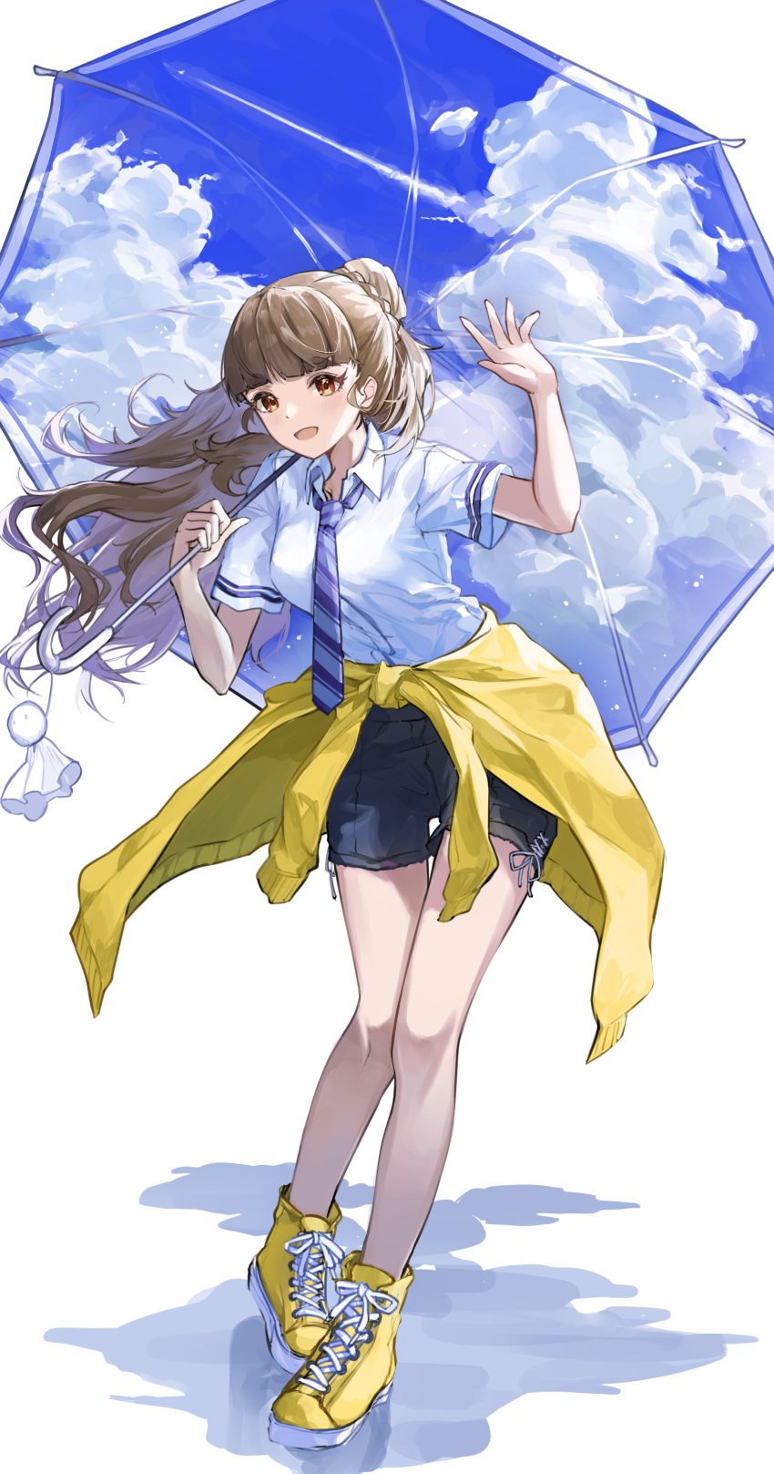 1girl :d absurdres brown_eyes brown_hair clothes_around_waist commentary_request full_body highres holding holding_umbrella idolmaster idolmaster_cinderella_girls kamiya_nao long_hair necktie shino_sto shirt shorts simple_background smile solo standing striped_necktie sweater sweater_around_waist teruterubouzu umbrella white_background white_shirt