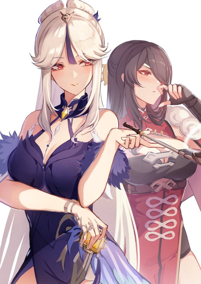 2girls absurdres beidou_(genshin_impact) blue_collar blue_dress blush bracelet breasts choko_(cup) collar cup dress eyebrows_visible_through_hair eyepatch fur-trimmed_sleeves fur_trim gem genshin_impact hair_ornament hair_stick hair_tassel half_updo highres jewelry kiseru large_breasts looking_to_the_side multicolored_clothes multicolored_dress multiple_girls ningguang_(genshin_impact) ningguang_(orchid's_evening_gown)_(genshin_impact) official_alternate_costume one_eye_covered pipe pnatsu red_eyes side_slit simple_background smile strapless strapless_dress tassel