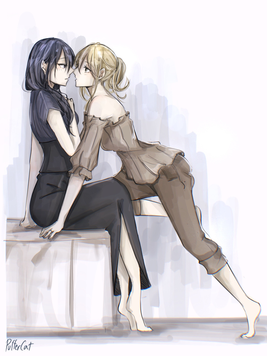 2girls aihara_mei aihara_yuzu arm_support artist_name bangs bare_shoulders barefoot black_dress black_hair breasts brown_eyes brown_pants brown_shirt citrus_(saburouta) detached_sleeves dress eye_contact from_side full_body hand_on_own_chest highres imminent_kiss incest long_hair looking_at_another medium_breasts medium_hair multiple_girls pants redqueen shirt short_sleeves sitting step-siblings violet_eyes wife_and_wife yuri