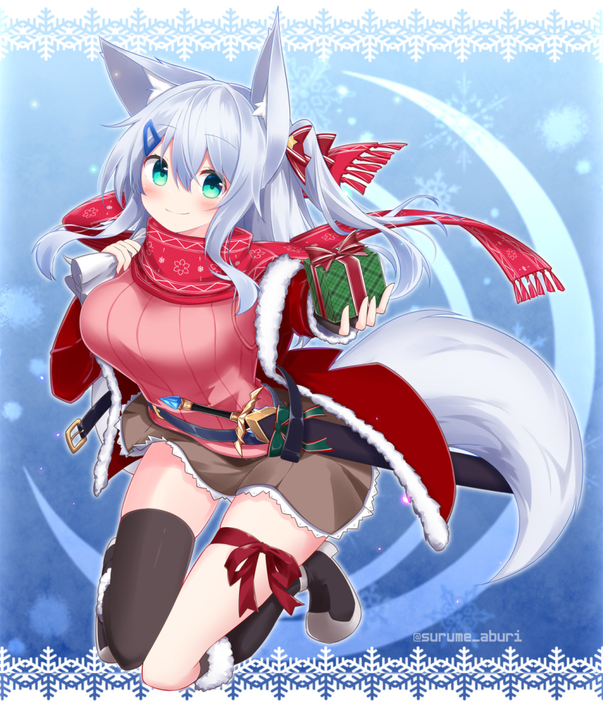 1girl animal_ear_fluff animal_ears bangs black_footwear black_legwear blue_background boots bow box breasts brown_skirt closed_mouth eyebrows_visible_through_hair fox_ears fox_tail fringe_trim full_body fur-trimmed_boots fur-trimmed_jacket fur-trimmed_sleeves fur_trim gift gift_box green_eyes hair_between_eyes hair_bow hair_ornament hairclip highres holding holding_gift holding_sack jacket knee_boots kneehighs long_hair long_sleeves looking_at_viewer medium_breasts one_side_up open_clothes open_jacket original pink_sweater red_bow red_jacket red_scarf ribbed_sweater sack scarf sheath sheathed silver_hair single_kneehigh single_thighhigh skirt smile snowflake_background solo star_(symbol) star_hair_ornament surume_aburi sweater sword tail thigh-highs thighhighs_under_boots twitter_username very_long_hair weapon