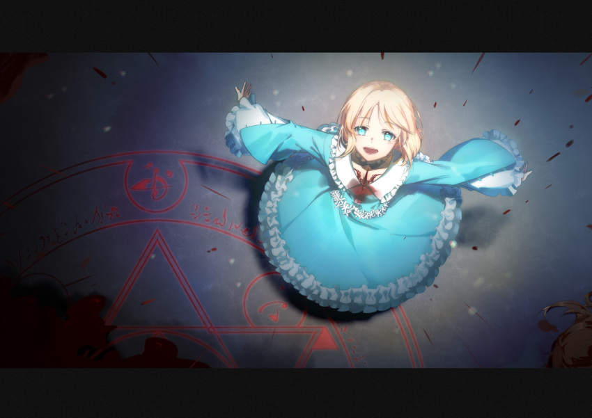1girl blonde_hair blood blood_on_clothes blood_splatter blue_dress blue_eyes brown_hair character_request copyright_request dress lace-trimmed_dress lace-trimmed_sleeves lace_trim letterboxed looking_at_viewer looking_up magic_circle smile solo wide_sleeves xuehua