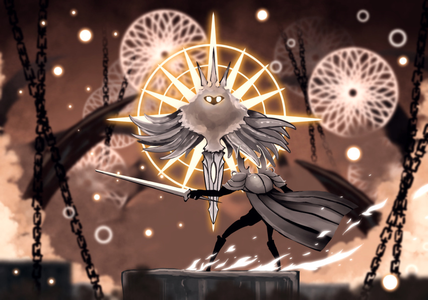 anonamos armor cape chain commission confrontation faceoff floating from_behind glowing glowing_eyes highres holding holding_sword holding_weapon hollow_knight hollow_knight_(character) looking_at_another no_humans standing sword the_radiance weapon yellow_eyes