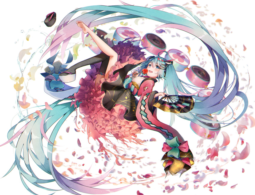 1girl absurdly_long_hair ahoge aqua_eyes aqua_hair aqua_nails bangs barefoot black_legwear black_skirt blush candy candy_apple commentary_request dress floating food frilled_dress frills grey_footwear hair_between_eyes hair_ornament hand_fan hand_up harisen hatsune_miku highres holding holding_candy holding_fan holding_food japanese_clothes kyashii_(a3yu9mi) legs_up long_hair looking_at_viewer magical_mirai_(vocaloid) nail_polish okobo open_mouth petals platform_footwear shoes shoes_removed single_thighhigh skirt solo thigh-highs twintails very_long_hair vocaloid water white_background wide_sleeves x_hair_ornament