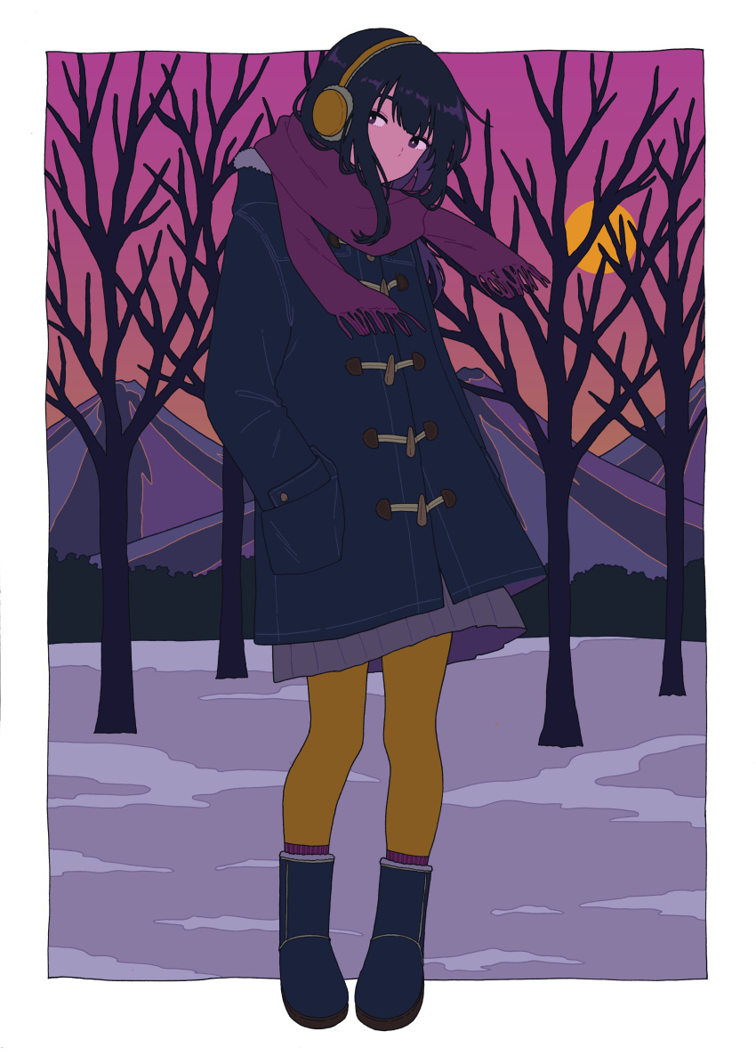 1girl absurdres bangs black_footwear black_hair boots border covered_mouth earmuffs full_body grey_skirt hands_in_pockets highres long_hair original pleated_skirt purple_scarf scarf shi_oo skirt solo standing tree white_border yellow_legwear