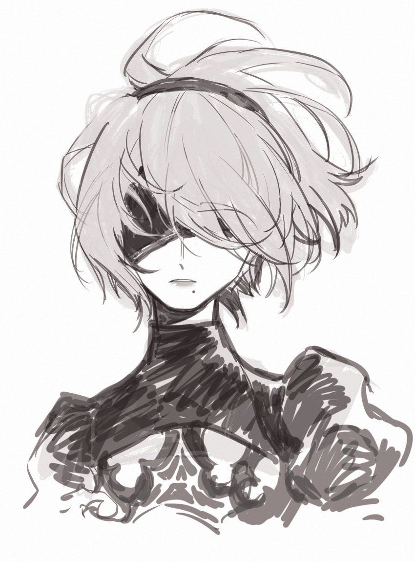 1girl blindfold dizi930 greyscale hairband highres mole mole_under_mouth monochrome nier_(series) nier_automata parted_lips puffy_sleeves short_hair simple_background sketch solo turtleneck upper_body white_background wind yorha_no._2_type_b