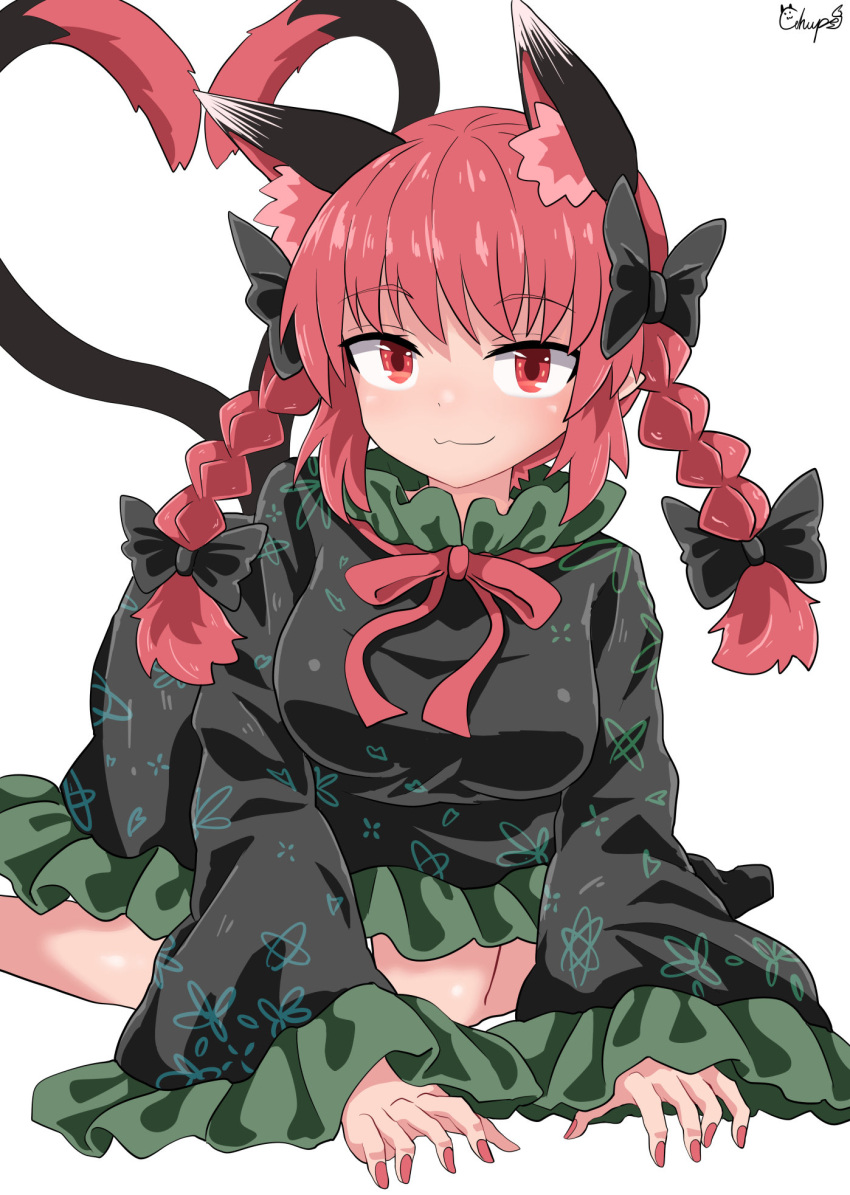 1girl :3 animal_ear_fluff animal_ears artist_name black_bow bow braid cat_ears cat_tail chups dress extra_ears floral_print green_dress heart highres kaenbyou_rin multiple_tails nail_polish pointy_ears red_eyes red_nails redhead slit_pupils smile solo tail touhou twin_braids two_tails white_background