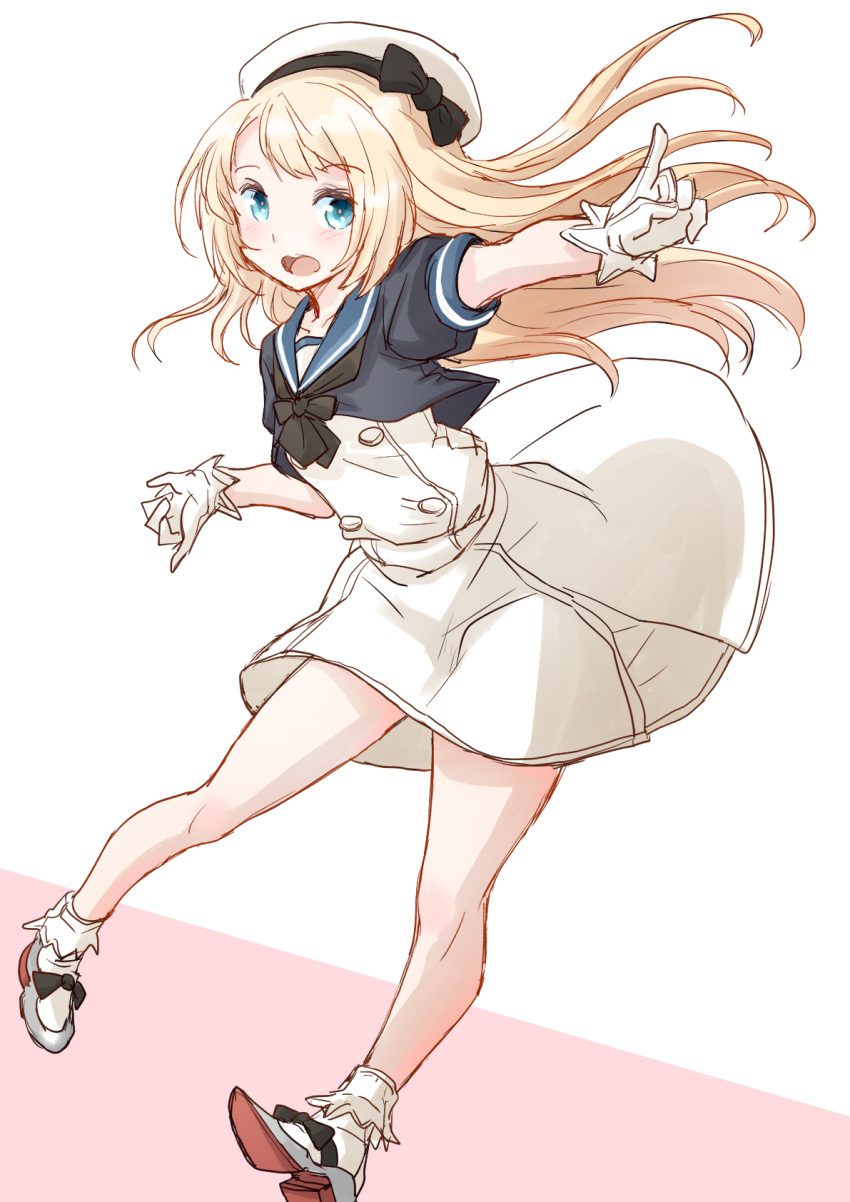 1girl blonde_hair blue_eyes blue_sailor_collar blush dress eyebrows_visible_through_hair fuji_(pixiv24804665) full_body gloves hat highres index_finger_raised jervis_(kancolle) kantai_collection long_hair open_mouth puffy_short_sleeves puffy_sleeves rudder_footwear sailor_collar sailor_dress sailor_hat short_sleeves socks solo two-tone_background white_dress white_gloves white_headwear white_legwear