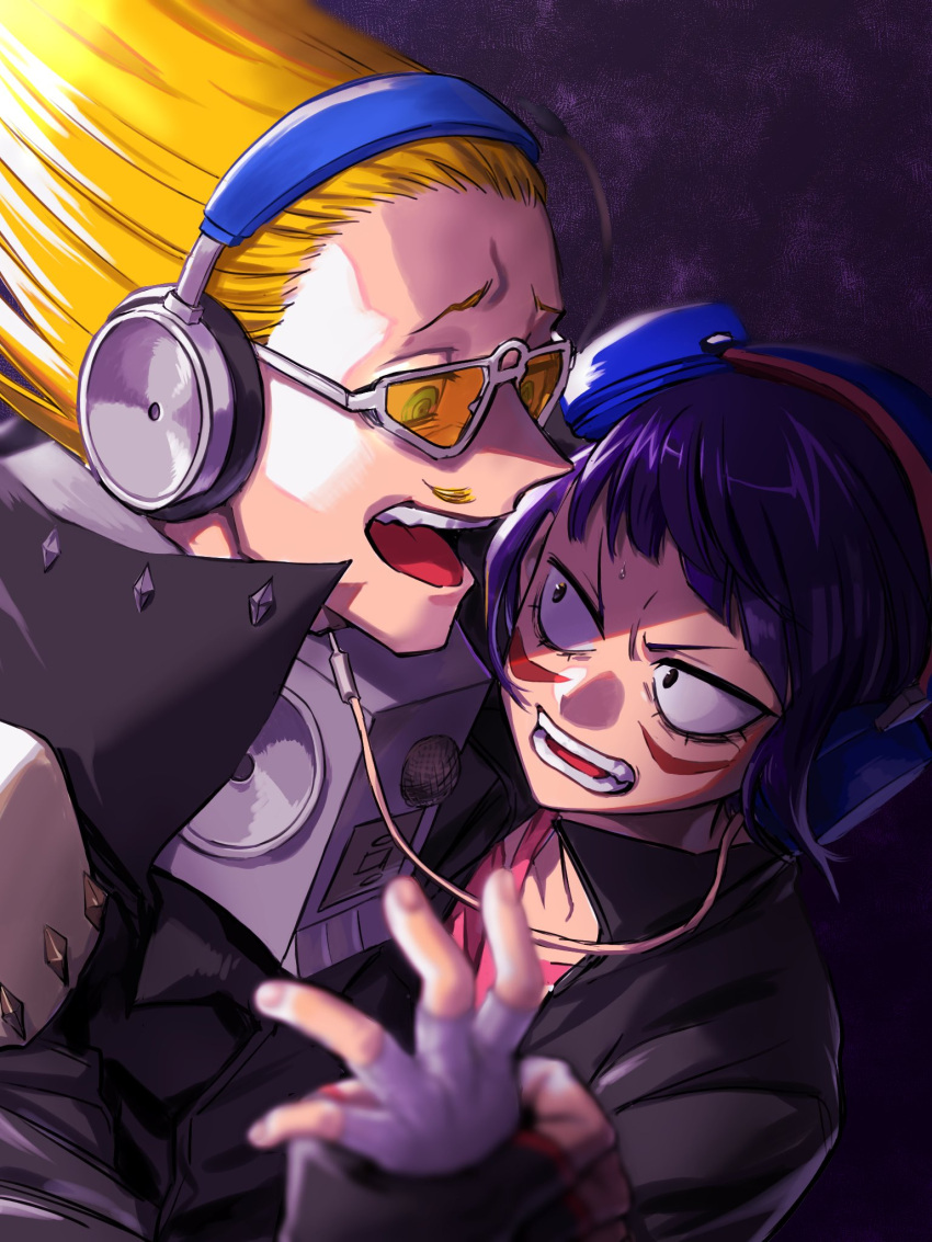 1boy 1girl amplifier annoyed audio_jack black_hair black_jacket blonde_hair blurry blurry_foreground boku_no_hero_academia close-up costume dark_background eye_contact facial_hair fingerless_gloves gloves hair_up headphones highres holding_another's_wrist jacket jirou_kyouka long_hair looking_at_another mustache open_mouth osutoraria_(1ndi_g0) present_mic short_hair simple_background speaker teacher_and_student teeth tinted_eyewear upper-body upper_teeth