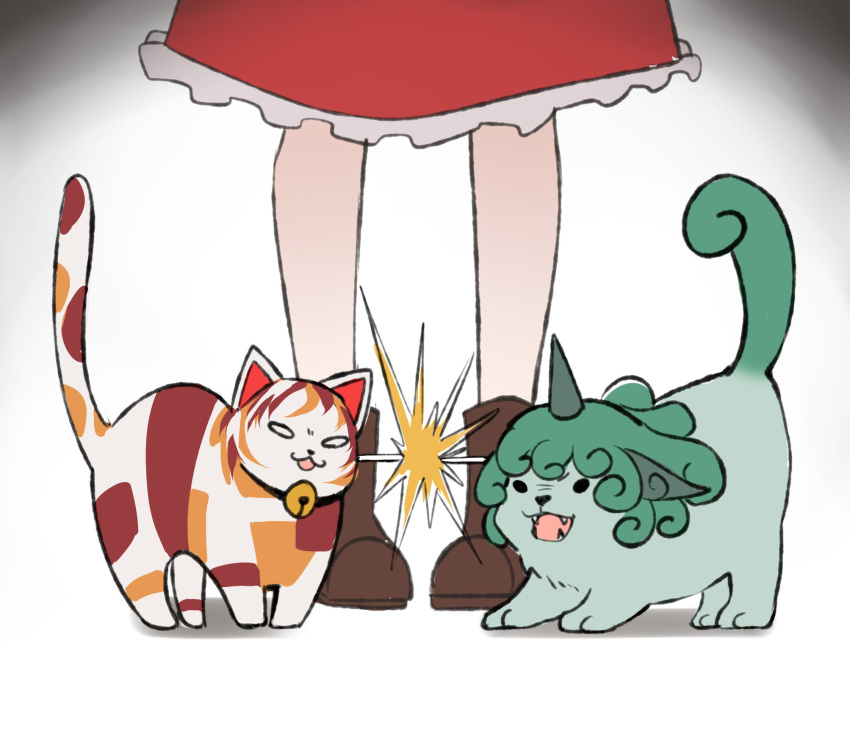 3girls :3 angry animal_collar animal_ears animal_hands bell boots brown_footwear calico cat cat_ears cat_tail chinese_commentary collar commentary curly_hair fangs feet feet_only frilled_skirt frills goutokuji_mike_(cat) green_hair hakurei_reimu highres horns idaku imminent_fight jingle_bell komainu komano_aunn komano_aunn_(komainu) lightning_glare lower_body multiple_girls open_mouth patchwork_skin pigeon-toed red_skirt single_horn skirt solid_oval_eyes standing tail tongue touhou unconnected_marketeers