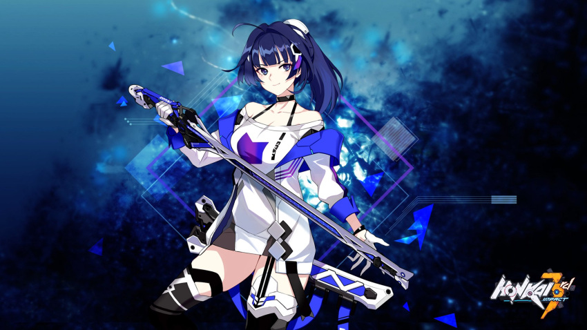 1girl bangs bare_shoulders black_footwear boots closed_mouth gloves hair_ornament highres holding holding_sword holding_weapon honkai_(series) honkai_impact_3rd jacket katana long_hair long_sleeves looking_at_viewer official_art ponytail raiden_mei raiden_mei_(striker_fulminata) sheath sheathed shirt smile solo sword thigh-highs thigh_boots third-party_source weapon white_gloves white_jacket white_shirt
