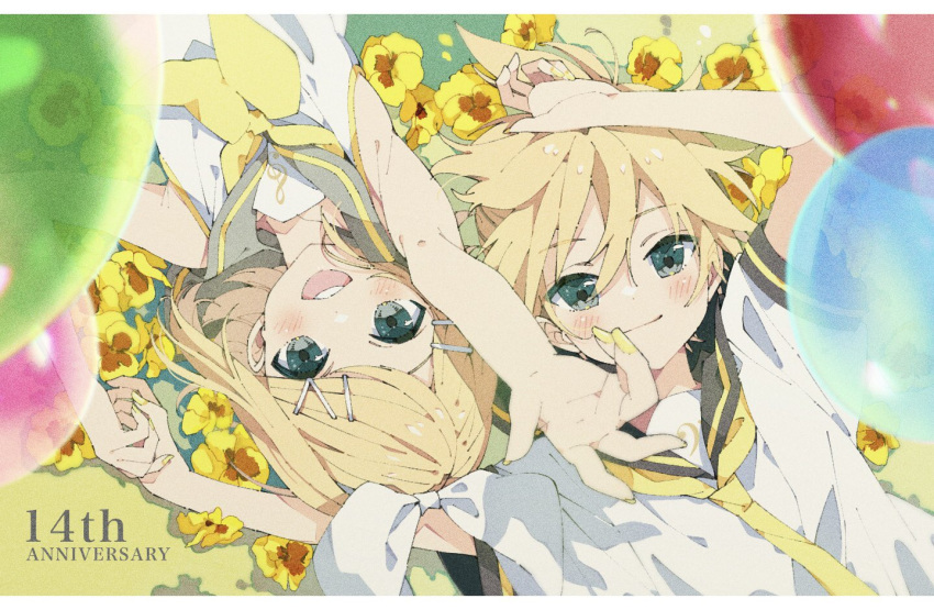 1boy 1girl ahoge anniversary aqua_eyes ascot balloon bangs bare_arms bare_shoulders bass_clef blonde_hair blush bow brother_and_sister flower flower_bed hair_bow hair_ornament hairclip holding_hands kagamine_len kagamine_rin looking_at_viewer lying na_ta53 necktie on_back open_mouth outstretched_arm pansy reaching_out sailor_collar short_hair siblings smile swept_bangs twins vocaloid yellow_flower yellow_nails yellow_necktie
