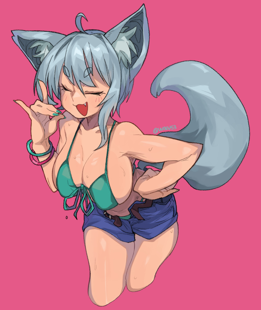 1girl ahoge animal_ear_fluff animal_ears bare_shoulders belt bikini blush bracelet breasts closed_eyes collarbone covered_nipples eyebrows_visible_through_hair eyelashes fang fingernails fox_ears fox_girl fox_shadow_puppet fox_tail green_bikini green_nails green_ribbon grey_hair hair_between_eyes hand_on_hip highres jewelry large_breasts long_fingernails medium_hair open_mouth original pink_background ribbon short_shorts shorts signature simple_background smile solo sweat swimsuit tail twitter_username waa153