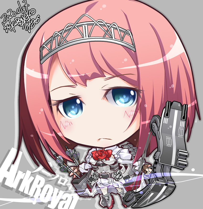 1girl ark_royal_(kancolle) arrow_(projectile) bangs blunt_bangs bob_cut bow_(weapon) brown_gloves character_name chibi cleavage_cutout clothing_cutout compound_bow corset fingerless_gloves flight_deck flower gloves hairband highres holding holding_bow_(weapon) holding_weapon inverted_bob kantai_collection kuroneko_(kuroneko_works) long_sleeves overskirt pantyhose quiver red_flower redhead rigging short_hair shorts solo tiara weapon white_corset white_legwear white_shorts