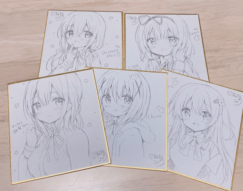 5girls :d amedamacon bangs blush bow breasts character_hair_ornament character_request clockwork_rabbit closed_mouth collared_shirt commentary_request dress_shirt eyebrows_visible_through_hair flower gochuumon_wa_usagi_desu_ka? hair_between_eyes hair_flower hair_ornament hair_over_shoulder hair_ribbon hairband hairclip hand_up highres hood hood_down hooded_jacket hoto_cocoa index_finger_raised jacket kafuu_chino kirima_sharo low_twintails medium_breasts multiple_girls neck_ribbon one_side_up open_clothes open_jacket photo_(medium) ribbon shikishi shirt signature smile star_(symbol) sweater_vest tippy_(gochiusa) traditional_media twintails upper_body x_hair_ornament