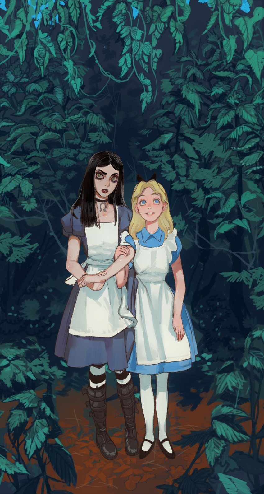 2girls absurdres alice_(alice_in_wonderland) alice_in_wonderland american_mcgee's_alice apron black_bow black_eyeshadow black_footwear black_hair blonde_hair blue_dress blue_eyes boots bow dress eyeshadow green_eyes hair_bow highres jewelry locked_arms makeup mary_janes mossacannibalis multiple_girls necklace open_mouth plant puffy_sleeves red_lips shoes short_sleeves standing striped striped_legwear white_apron white_legwear