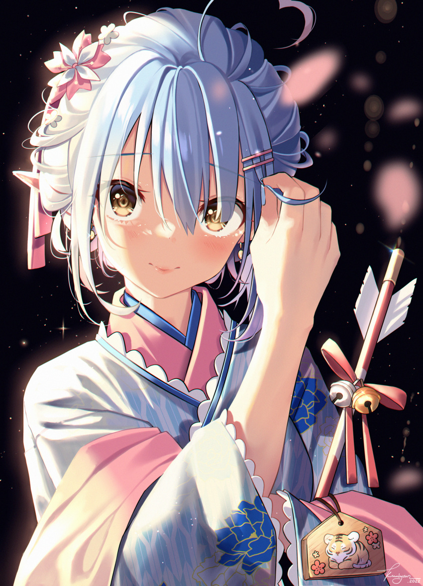 1girl absurdres ahoge arrow_(projectile) bangs bell blue_hair blue_kimono blush closed_mouth commentary elf english_commentary eyebrows_visible_through_hair eyes_visible_through_hair floral_print flower hair_between_eyes hair_flower hair_ornament hairclip highres hololive japanese_clothes jingle_bell kimono kuri_(animejpholic) long_sleeves looking_at_viewer pointy_ears red_ribbon ribbon short_hair signature smile solo upper_body virtual_youtuber yellow_eyes yukihana_lamy