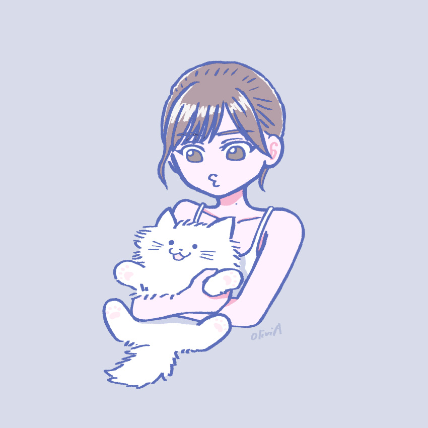 1girl :3 :d absurdres animal artist_name bangs bare_arms bare_shoulders brown_eyes brown_hair cat collarbone commentary eyebrows_visible_through_hair forehead grey_background highres holding holding_animal holding_cat looking_at_another mole mole_on_neck nogizaka46 olivia_(shkm2443) open_mouth original parted_bangs shirt short_hair simple_background smile solo tank_top upper_body white_shirt