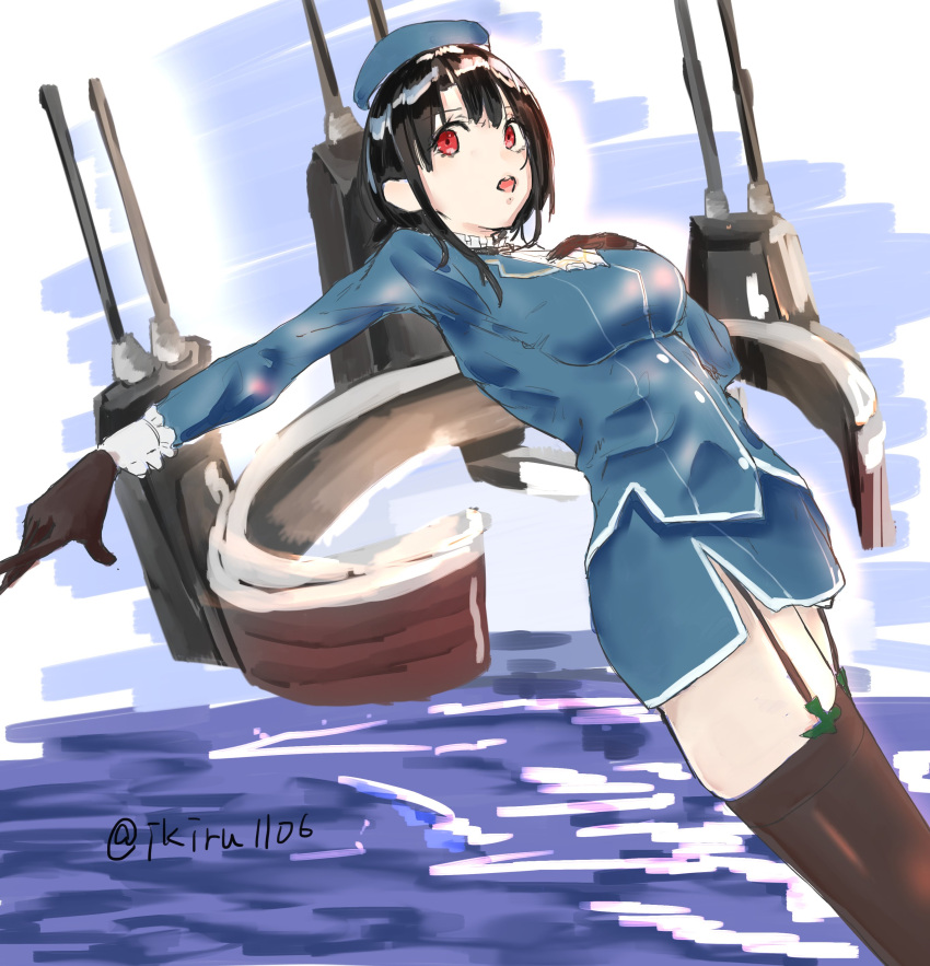 1girl arm_under_breasts bangs beret black_gloves black_hair blue_headwear breasts closed_mouth gloves grey_background hat high_collar highres ikiru1106 kantai_collection large_breasts military military_uniform red_eyes short_hair takao_(kantai_collection) uniform white_neckwear