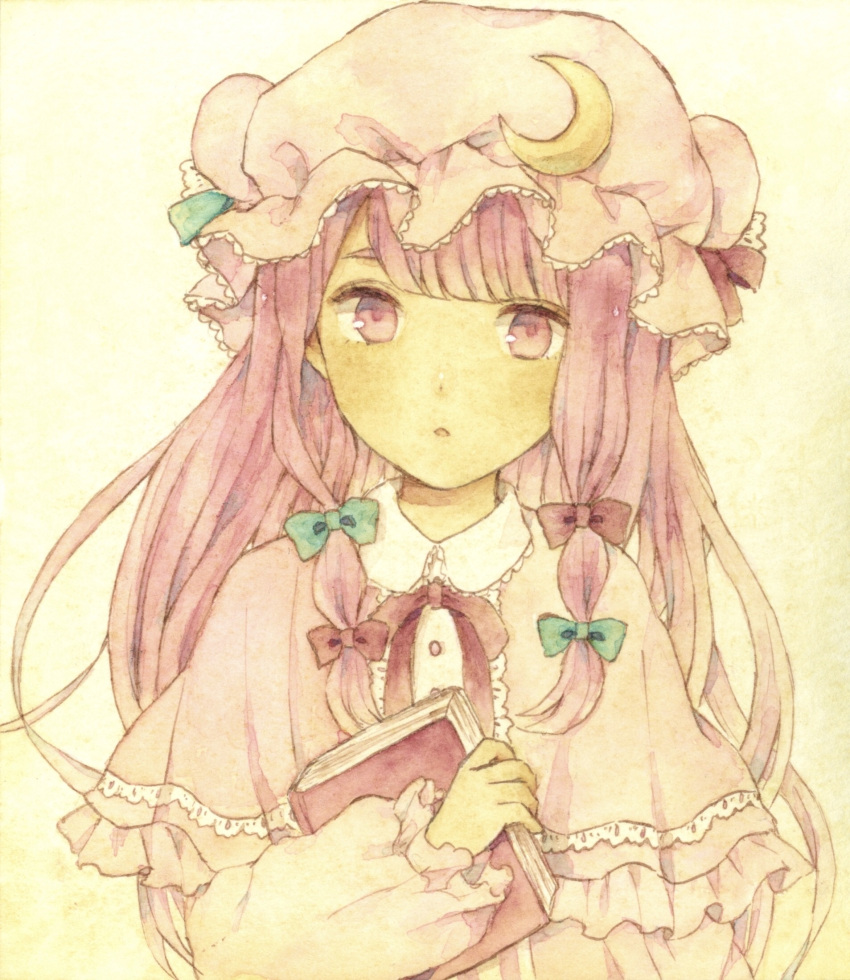 1girl bangs blunt_bangs book commentary_request eyebrows_behind_hair hat highres holding holding_book hoshimiya_ringo long_hair looking_at_viewer mob_cap painting_(medium) parted_lips patchouli_knowledge purple_hair simple_background solo touhou traditional_media upper_body violet_eyes watercolor_(medium) white_background