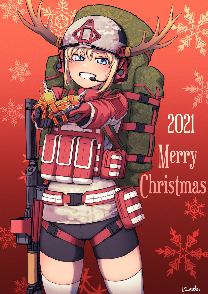 1girl 2021 absurdres animal_ears antlers artist_name backpack bag bike_shorts blonde_hair christmas commentary cowboy_shot dragoncastle english_commentary explosive fake_animal_ears food giving gloves grenade grey_headwear grin gun half-closed_eyes harness headset helmet highres holding holding_grenade holstered_weapon jacket long_sleeves looking_at_viewer merry_christmas original red_background red_gloves red_jacket reindeer_antlers short_hair signature smile snowflake_background solo standing thigh-highs weapon white_legwear