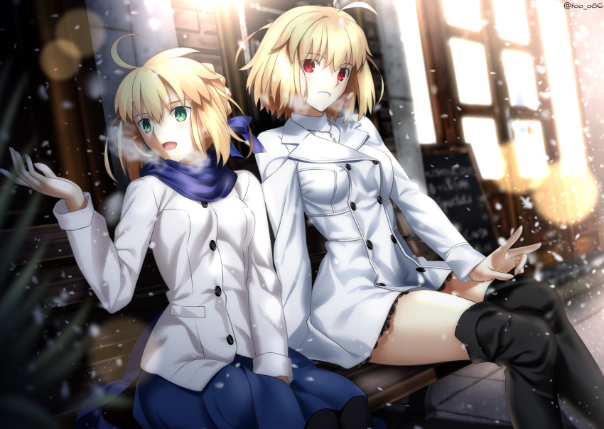 2girls absurdres ahoge arcueid_brunestud artoria_pendragon_(fate) bench between_legs black_footwear black_legwear black_skirt blue_scarf blue_skirt blurry boots braid buttons carnival_phantasm depth_of_field double-breasted fate/grand_order fate/stay_night fate_(series) foo_(pixiv54892036) french_braid hair_between_eyes hand_between_legs highres jacket looking_at_viewer menu_board miniskirt multiple_girls necktie pantyhose red_eyes saber scarf short_hair skirt smile snow sweater takeuchi_takashi_(style) thigh-highs thigh_boots turtleneck turtleneck_sweater type-moon visible_air white_jacket