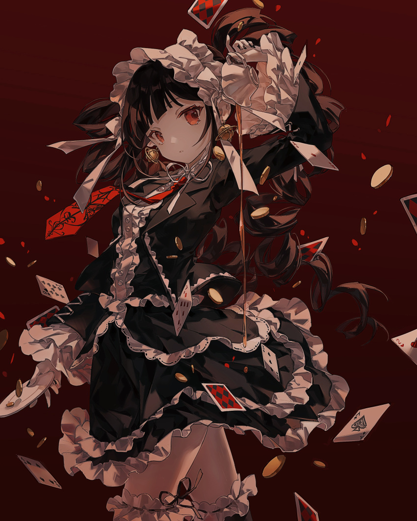 1girl absurdres arm_up bangs black_hair black_nails bonnet card celestia_ludenberg commentary_request cup danganronpa:_trigger_happy_havoc danganronpa_(series) drill_hair earrings frills gothic_lolita highres holding holding_cup jacket jewelry lolita_fashion long_hair long_sleeves looking_at_viewer mechari nail_polish necktie playing_card red_eyes red_necktie revision solo spilling thigh-highs twin_drills twintails