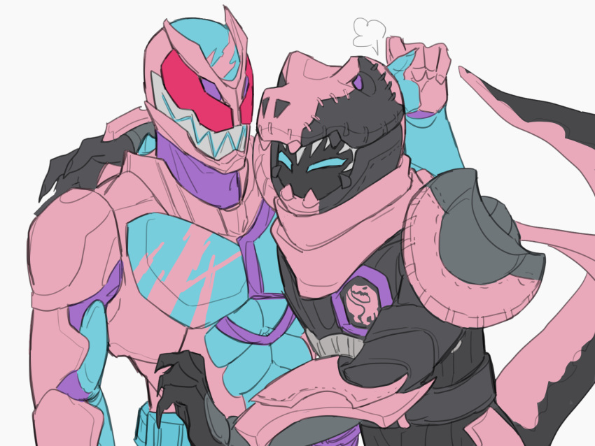 2boys animal_hood armor bbbb_fex black_armor clenched_hand demon demon_boy friends highres hood kamen_rider kamen_rider_revi kamen_rider_revice kamen_rider_vice male_focus multiple_boys pink_armor rex_genome sharp_teeth squinting teeth tyrannosaurus_rex vistamp white_background