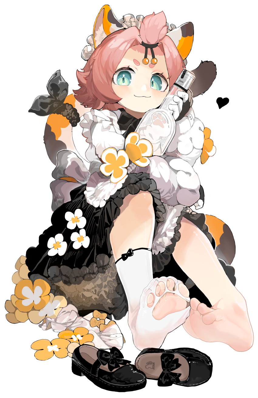 1girl absurdres animal_ears bangs_pinned_back barefoot bottle cat_ears cat_girl cat_tail clover_print coin_hair_ornament detached_sleeves diona_(genshin_impact) feet flower genshin_impact green_eyes hat highres looking_at_viewer menthako paw_print_palms puffy_detached_sleeves puffy_shorts puffy_sleeves qing_guanmao shoes shoes_removed shorts skirt socks soles tail thick_eyebrows torn_clothes torn_legwear wine_bottle