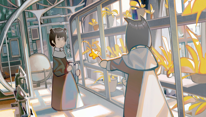 2girls absurdres animal_ears bird_ears brown_eyes brown_hair brown_robe capelet cat_ears closed_mouth commentary_request day dutch_angle flower globe highres holding holding_flower indoors long_sleeves multiple_girls noco_(pixiv14976070) original plant potted_plant shelf short_hair white_capelet