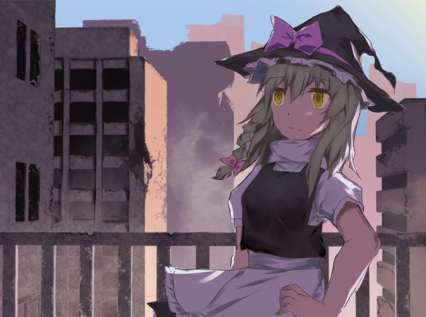 1girl apron bangs black_headwear black_skirt black_vest blonde_hair bow building city closed_mouth commentary_request cookie_(touhou) cowboy_shot expressionless eyebrows_visible_through_hair hair_bow hat hat_bow highres kirisame_marisa long_hair looking_afar pink_bow puffy_short_sleeves puffy_sleeves purple_bow railing rizeass ruins shirt short_sleeves skirt solo touhou turtleneck uzuki_(cookie) vest waist_apron white_apron white_shirt witch_hat yellow_eyes