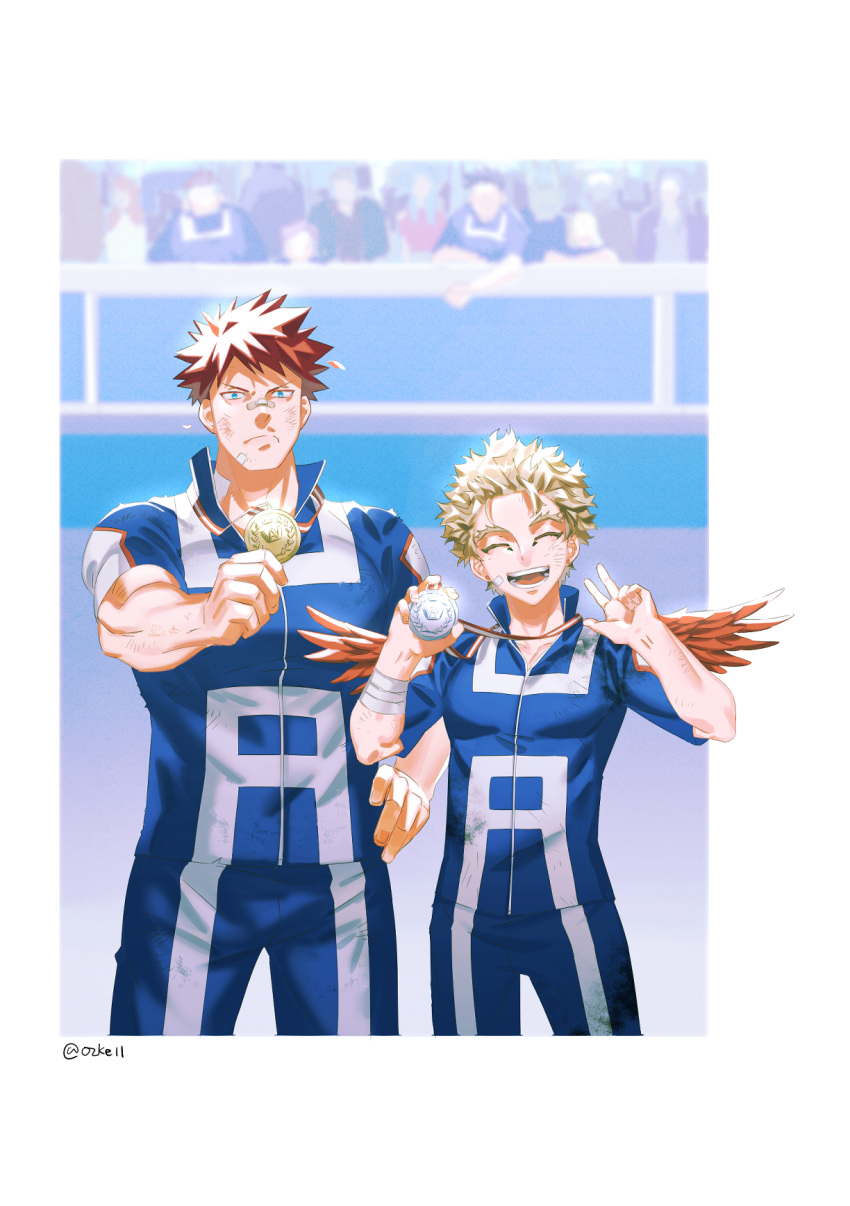 alternate_universe bandaid blonde_hair blue_eyes boku_no_hero_academia closed_eyes endeavor_(boku_no_hero_academia) feathered_wings gold grin hand_on_hip happy hawks_(boku_no_hero_academia) highres holding legs_apart male_focus medal ozke red_feathers redhead school_uniform serious silver_(metal) smile sports_festival stadium standing tape v wings younger