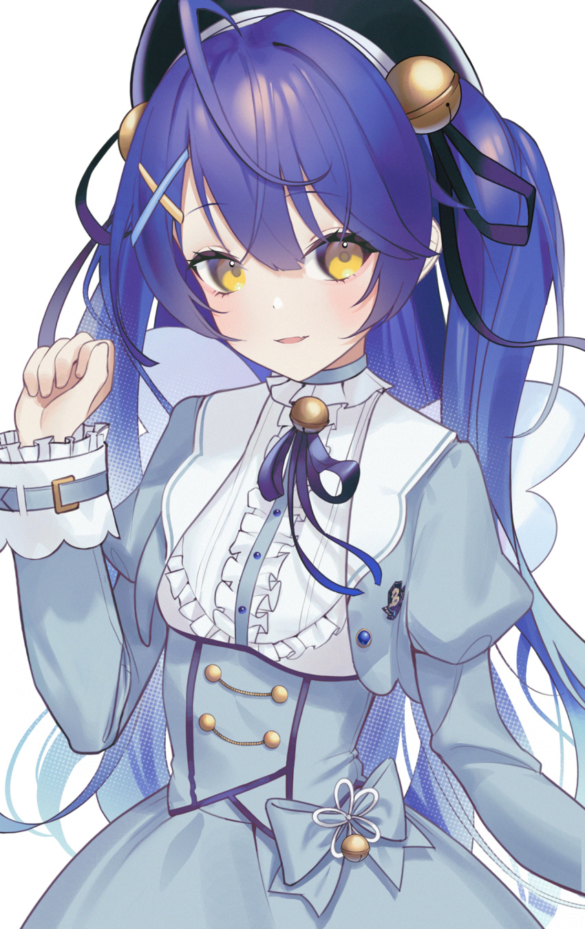 1girl ahoge amamiya_kokoro bangs bell blue_dress blue_hair blue_ribbon blush center_frills commentary_request dress eyebrows_visible_through_hair frills hair_bell hair_ornament hair_ribbon hand_up hat highres jingle_bell juliet_sleeves long_hair long_sleeves looking_at_viewer neck_ribbon nijisanji parted_lips puffy_sleeves ribbon simple_background smile solo two_side_up upper_body virtual_youtuber white_background yaye yellow_eyes
