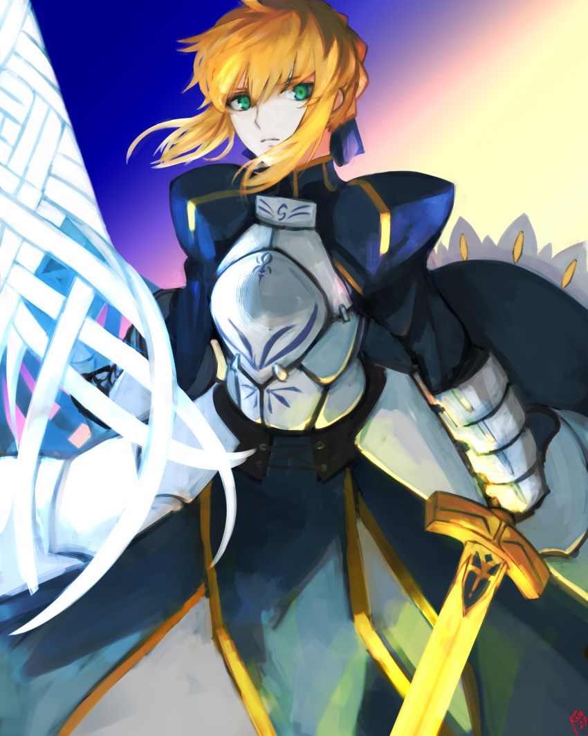1girl armor armored_dress artoria_pendragon_(fate) blonde_hair blue_dress blue_ribbon dress excalibur_(fate/stay_night) fate/stay_night fate/zero fate_(series) gauntlets green_eyes hair_bun hair_ribbon holding holding_sword holding_weapon lips moedredd parted_lips planted planted_sword ribbon saber short_hair simple_background smile solo sword weapon white_background wind