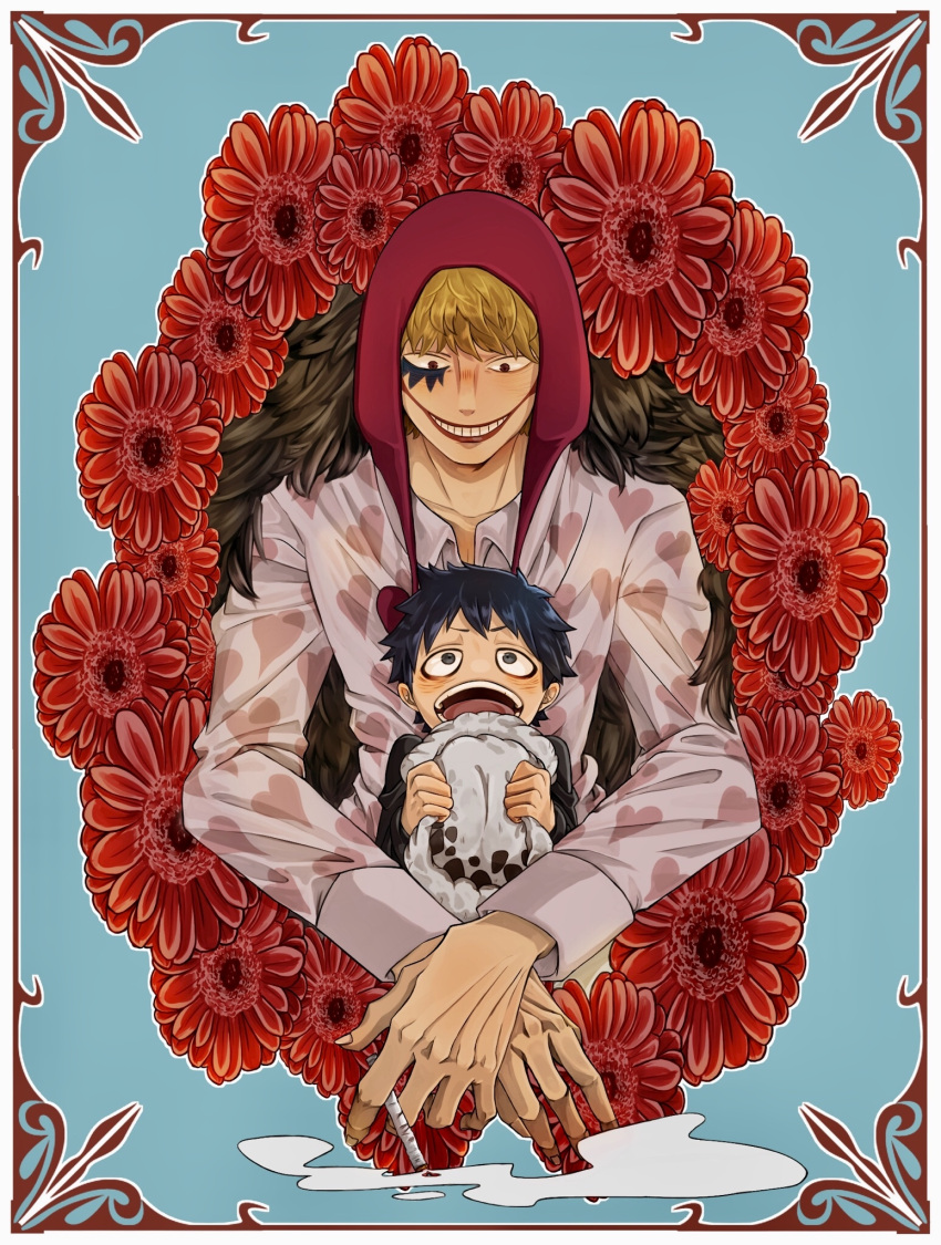 :d cape donquixote_rocinante floral_background flower fur_cape hat hat_removed headwear_removed highres holding holding_clothes holding_hat hug hug_from_behind long_sleeves makeup mii_(0hb625313261z2b) one_piece red_flower smile trafalgar_law