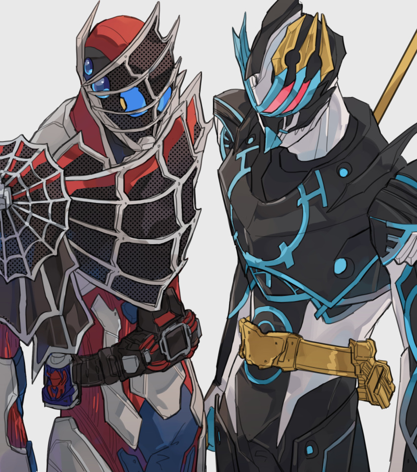 2boys armor bbbb_fex black_armor blue_eyes blue_horns crossover demons_driver driver extra_eyes face-to-face gold_belt gold_horns highres holding holding_weapon horns kamen_rider kamen_rider_demons kamen_rider_durendal kamen_rider_revice kamen_rider_saber_(series) mismatched_horns multiple_boys polearm red_armor red_eyes rider_belt silk spider_genome spider_web spider_web_print trident vistamp weapon white_background