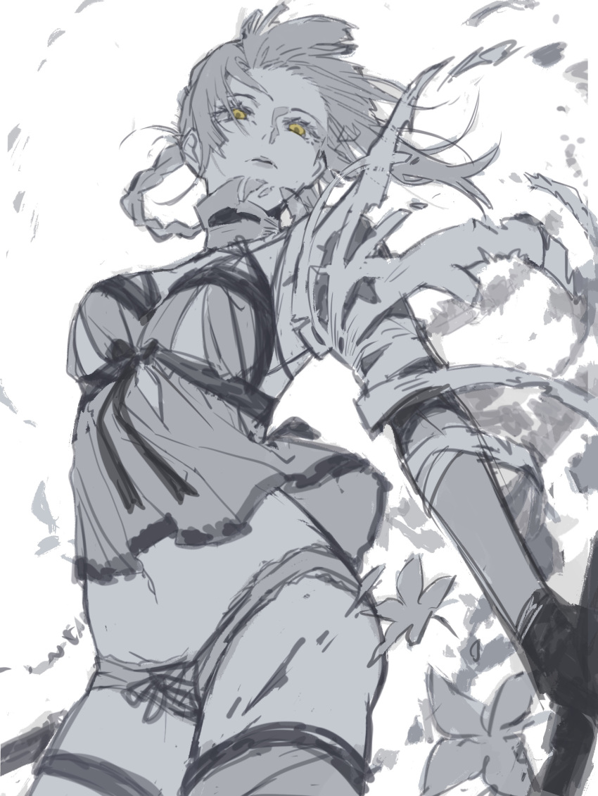 1girl absurdres bandaged_arm bandages bow dizi930 eyelashes flower gloves greyscale highres holding holding_weapon kaine_(nier) long_hair looking_down lunar_tear monochrome navel nier nier_(series) parted_lips sketch solo spot_color thigh-highs thigh_strap torn torn_clothes weapon yellow_eyes